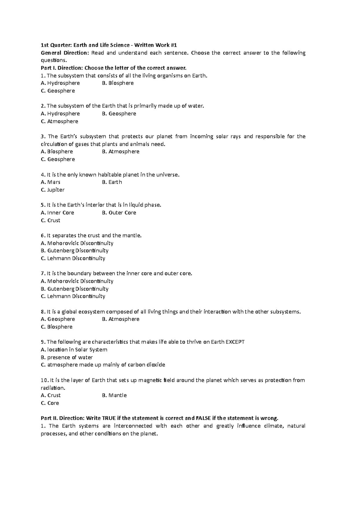 1st Quarter - Written Work #1 - 1st Quarter: Earth and Life Science ...