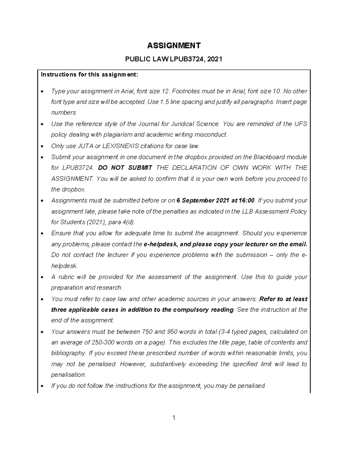 2021 Assignment 1 - ASSIGNMENT PUBLIC LAW LPUB3724, 2021 Instructions ...