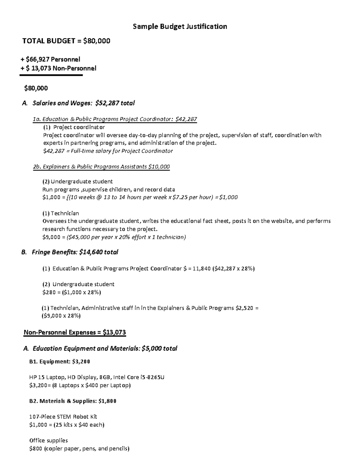 Budget Justification Example Sample Budget Justification TOTAL BUDGET