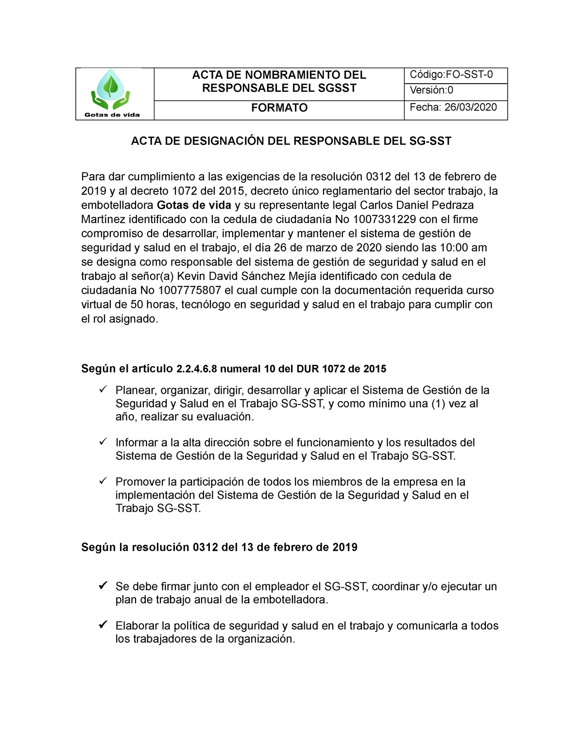 Acta De Nombramiento Del Responsable Del Sgsst Acta De Nombramiento