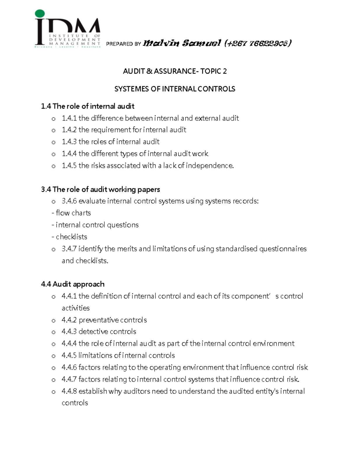 Systems OF Internal Control- Topic 2 - AUDIT & ASSURANCE- TOPIC 2 ...