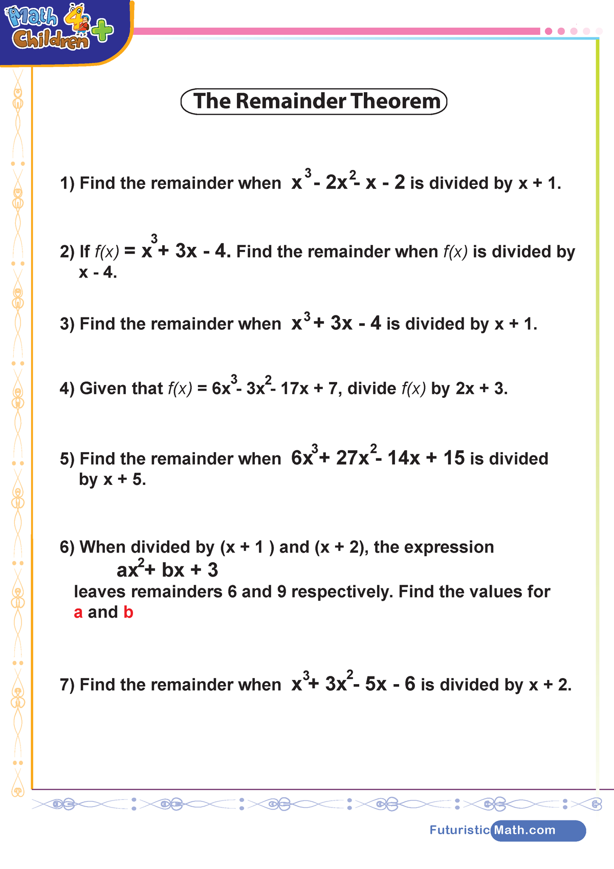 Remainder theorem worksheet Practoce Problems Remainder theorem 