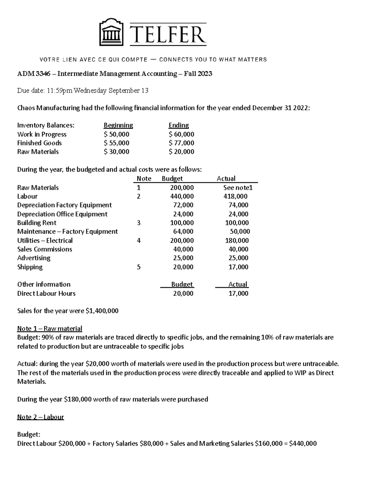 ADM3346 Assignment Fall 2023 - ADM 3346 – Intermediate Management ...