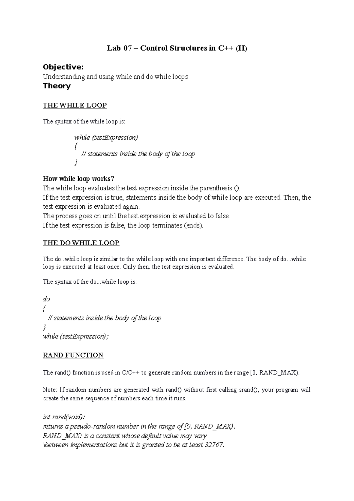 Lab 07 - Lab 07 – Control Structures in C++ (II) Objective ...
