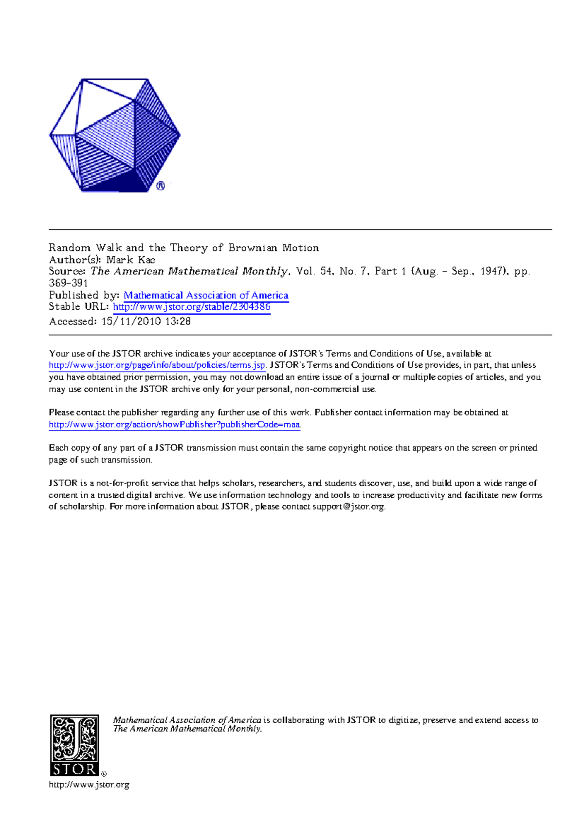 Kac Random Walk and Brownian Motion - Random Walk and the Theory of ...