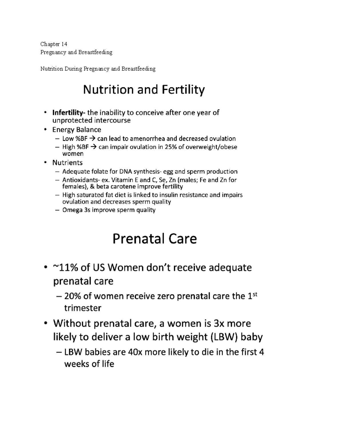 Hnfe ch 14 notes Chapter 14 Pregnancy and Breastfeeding Nutrition