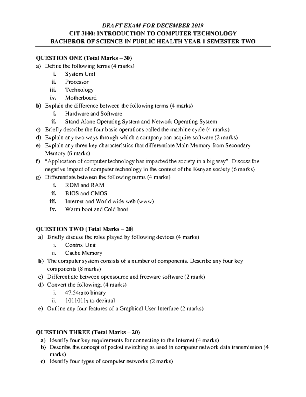 CIT-3100- Introduction-TO- Computer- Technology - DRAFT EXAM FOR ...