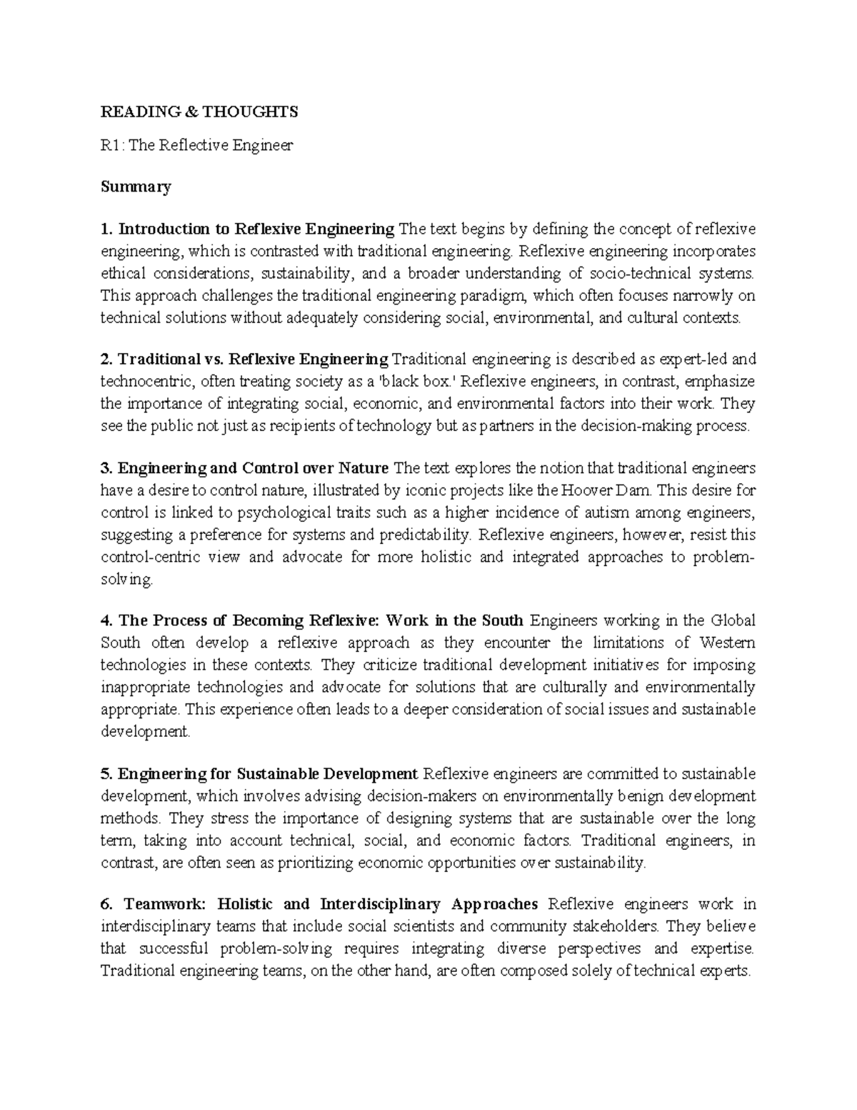 Readings Summary + Analysis - READING & THOUGHTS R1: The Reflective ...