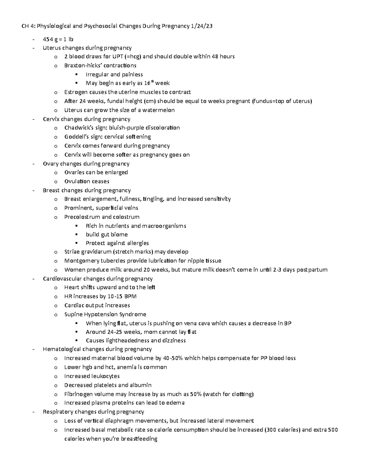 CH4 changes during pregnancy - CH 4: Physiological and Psychosocial ...