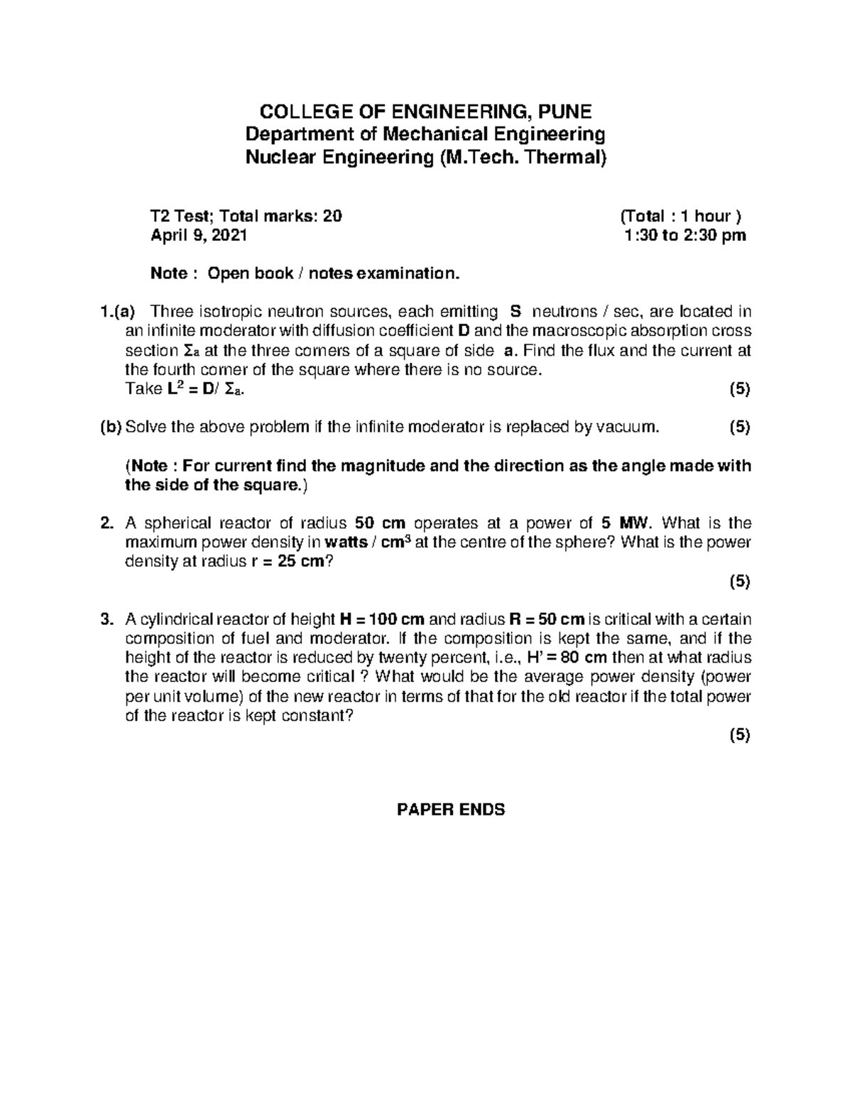 T2 test (MTech) - Solutions of question paper problems for final year b ...