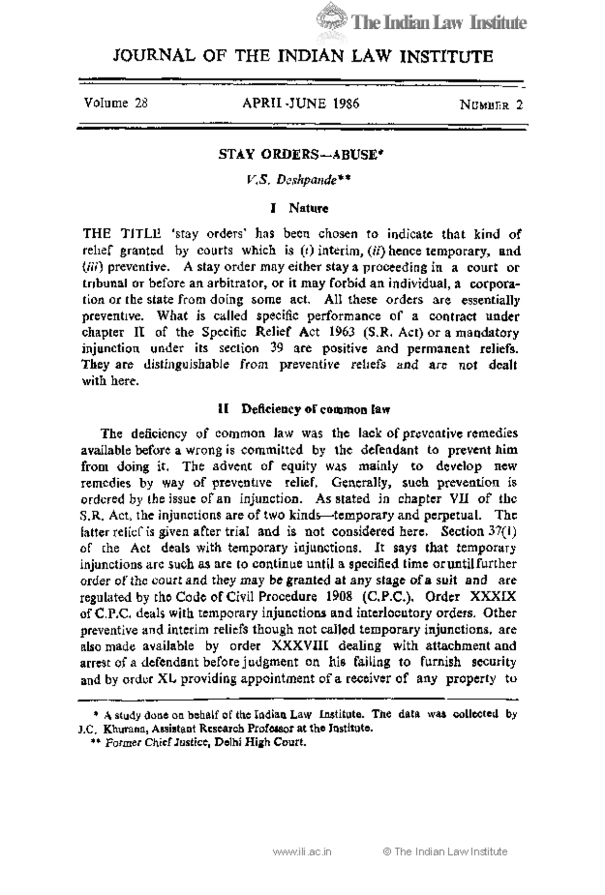 Stay Orders - JOURNAL OF THE INDIAN LAW INSTITUTE Volume 28 APRIIJUNE ...