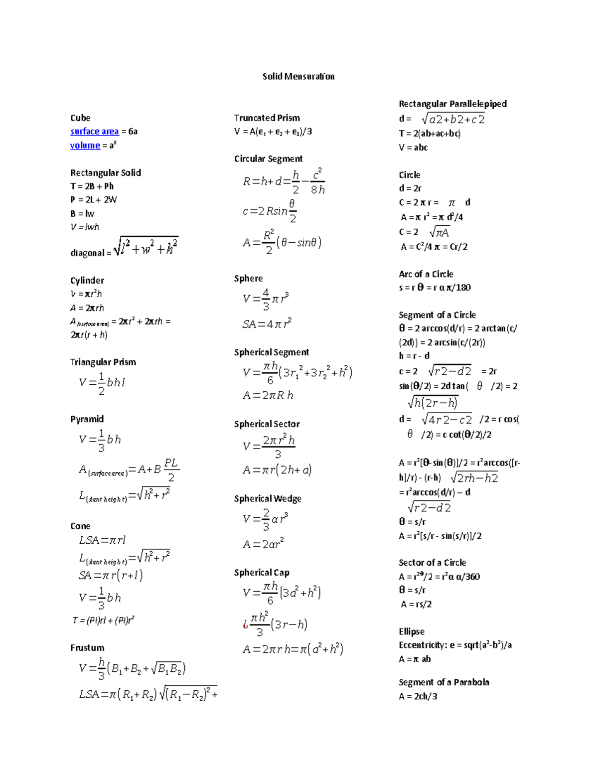 Solid Mensuration - exam - Solid Mensuration Cube surface area = 6a ...