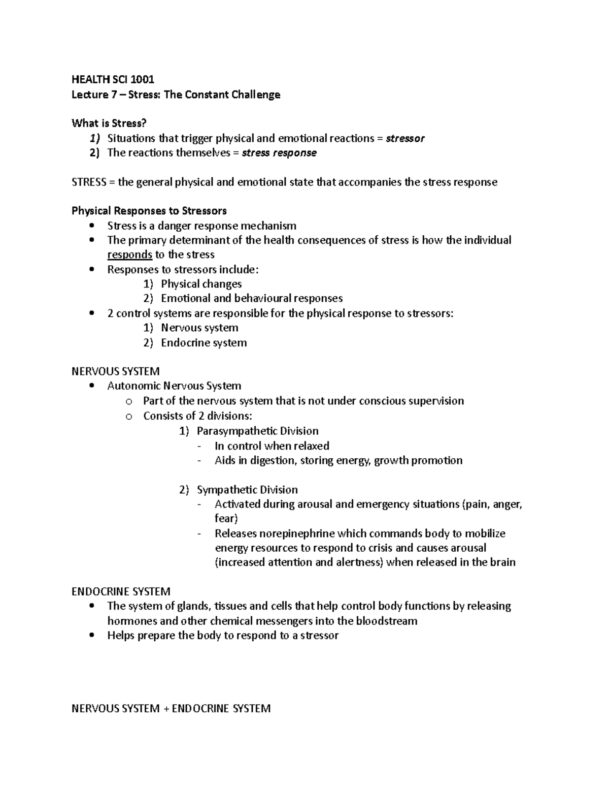 HS 1001 Lecture Notes: Lecture 7 - Stress - HEALTH SCI 1001 Lecture 7 ...