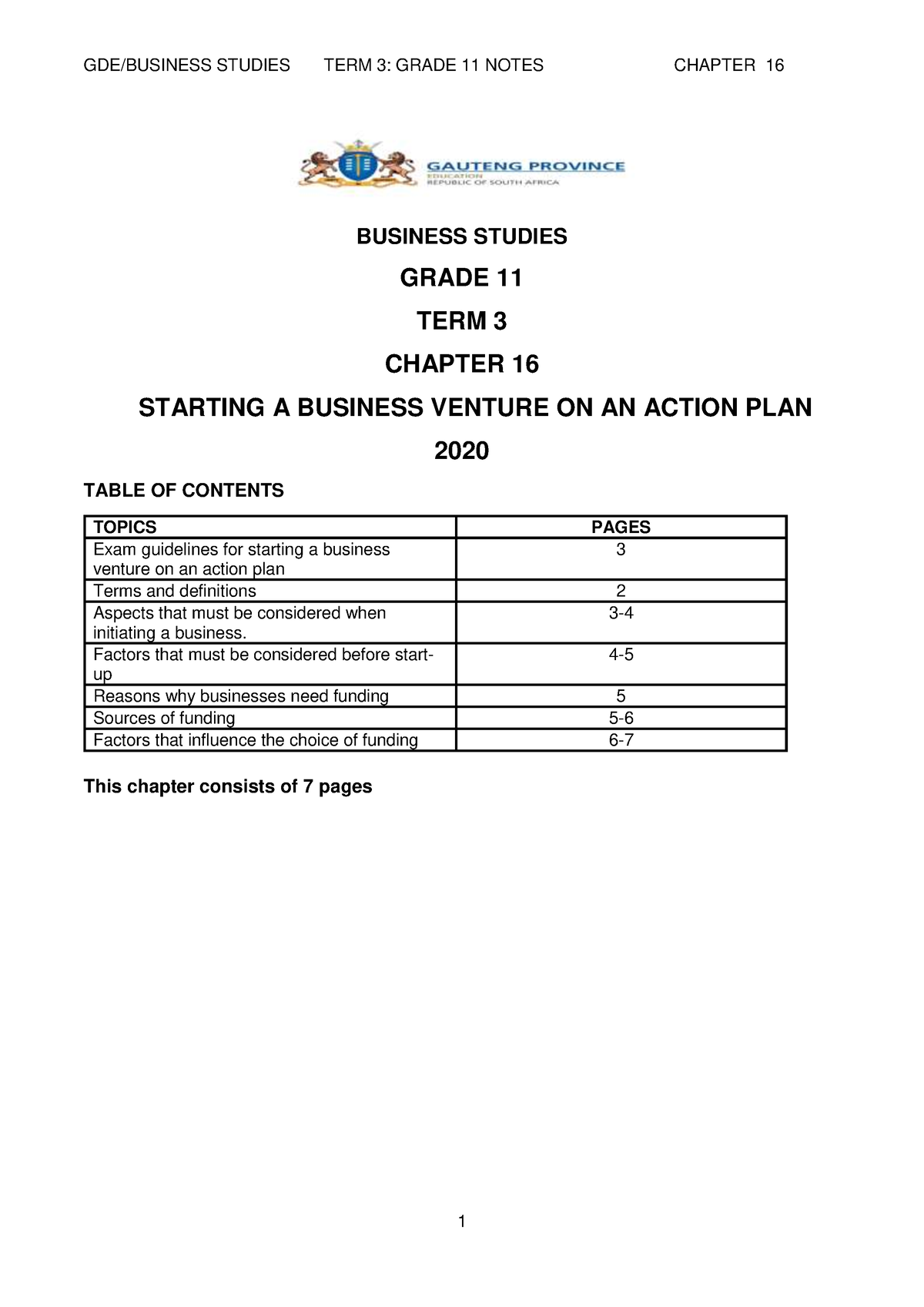 2021 Business Studies Grade 11 Notes Chapter 16 BUSINESS STUDIES 