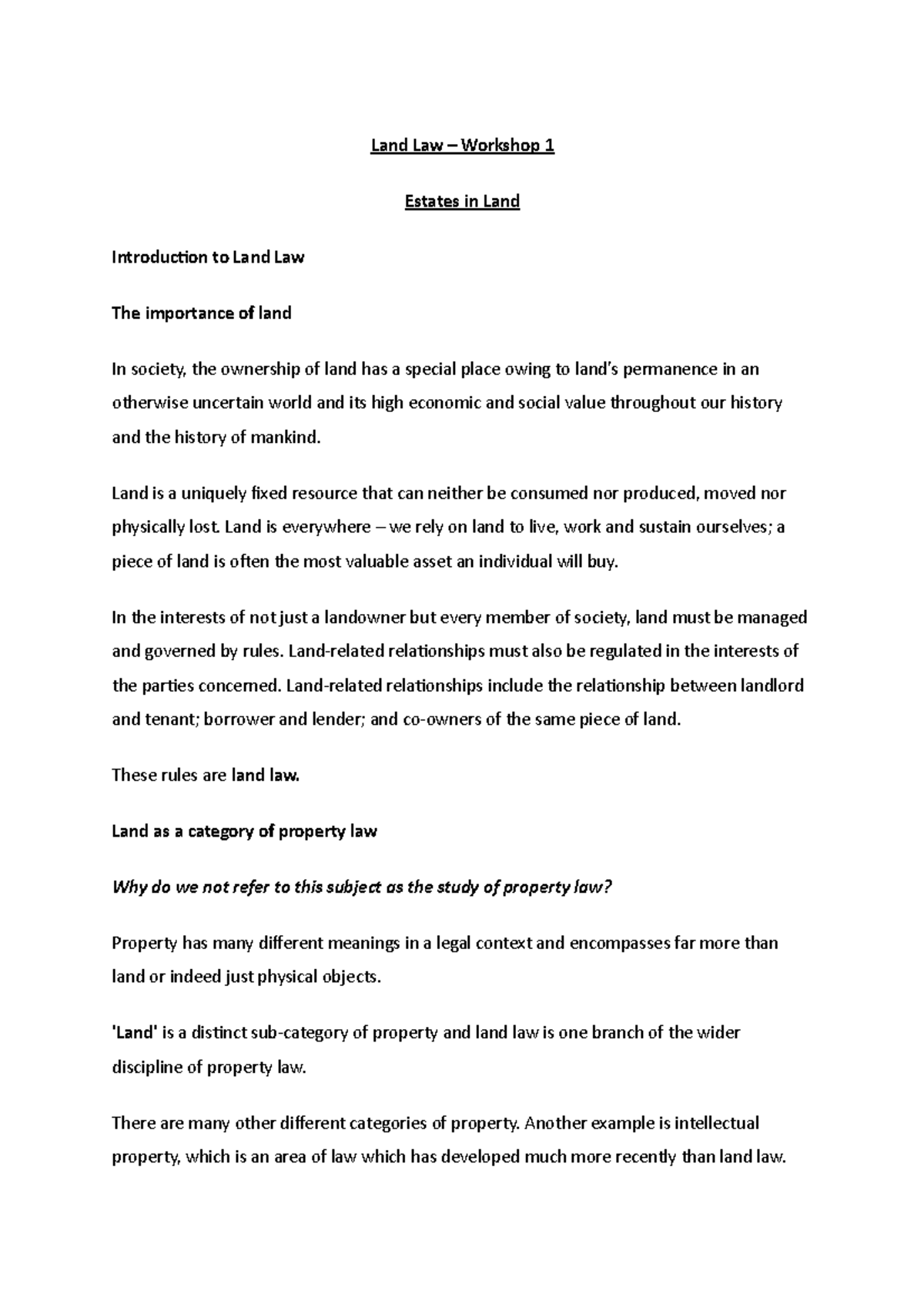 Land Law - W1 - Lecture notes 1 - Land Law – Workshop 1 Estates in Land ...