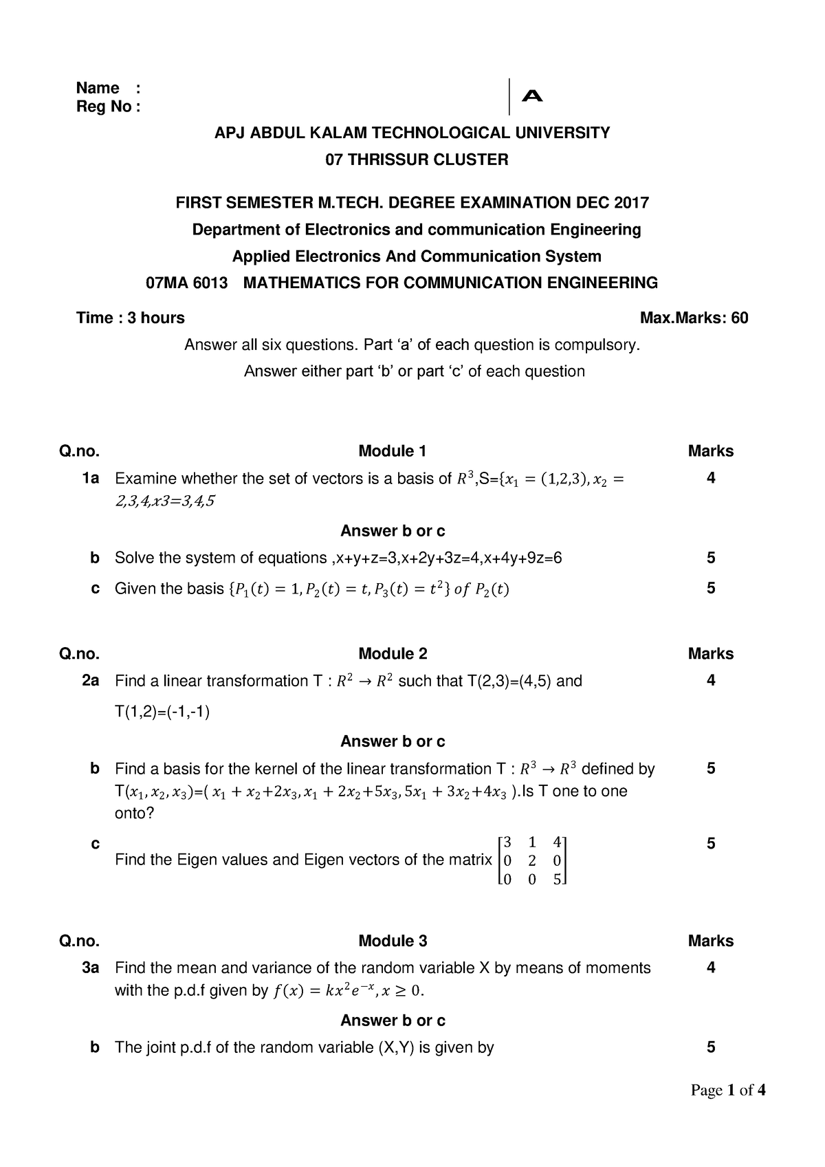 07ma6013-e - M. Tech Question Paper Ece - Name : Reg No : A Apj Abdul 