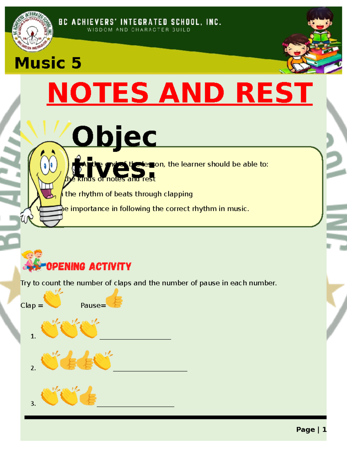 MP T JJ Music 5 Q1W2 Notes and Rest - Try to count the number of claps ...