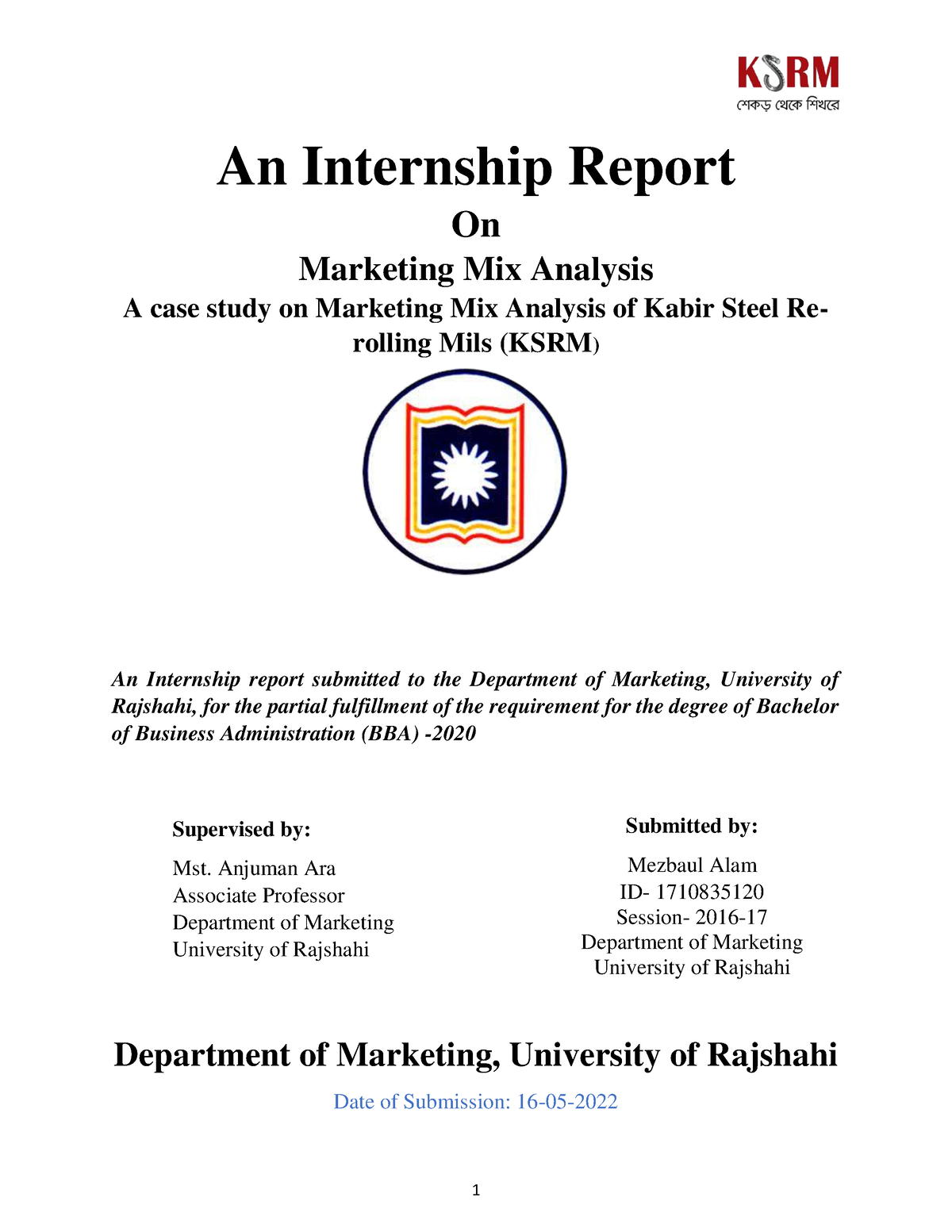 Internship Report On Marketing Mix Analysis Of KSRM By Mezbaul Alam   Thumb 1200 1553 