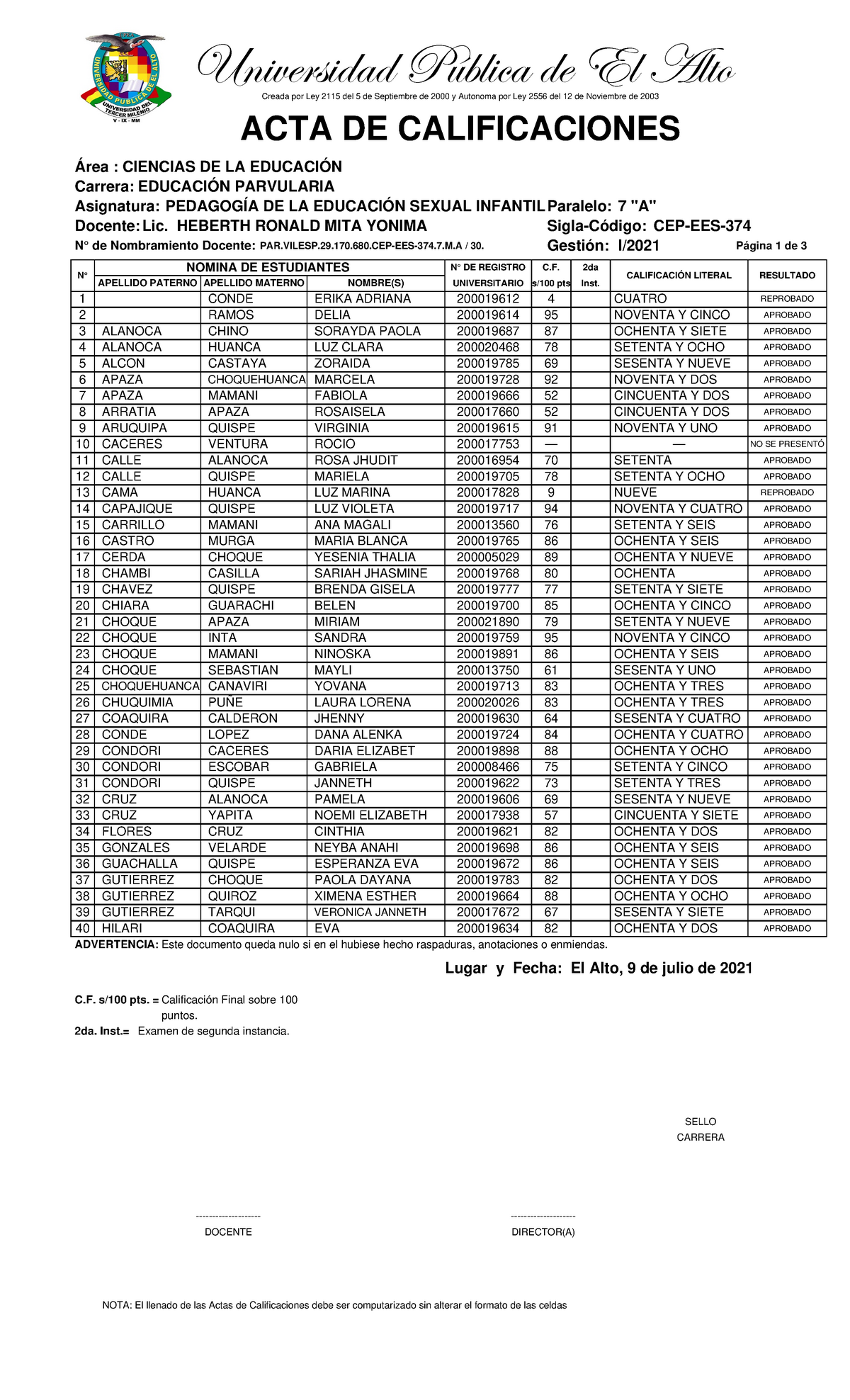 Sex Acta Calificion Apuntes 1 Universidad Pública De El Alto Creada