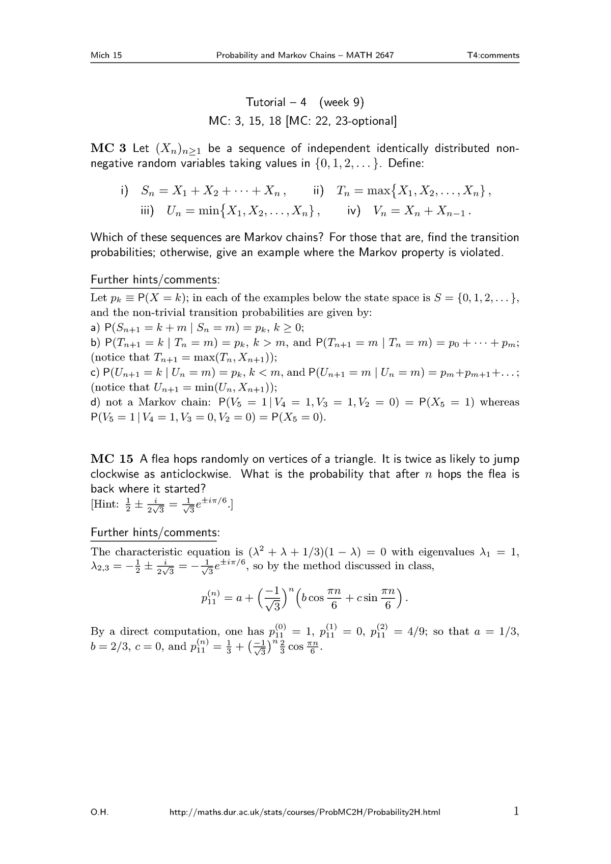 MATH2647 2015-2016 Tutorial 4 - Mich 15 Probability and Markov Chains ...