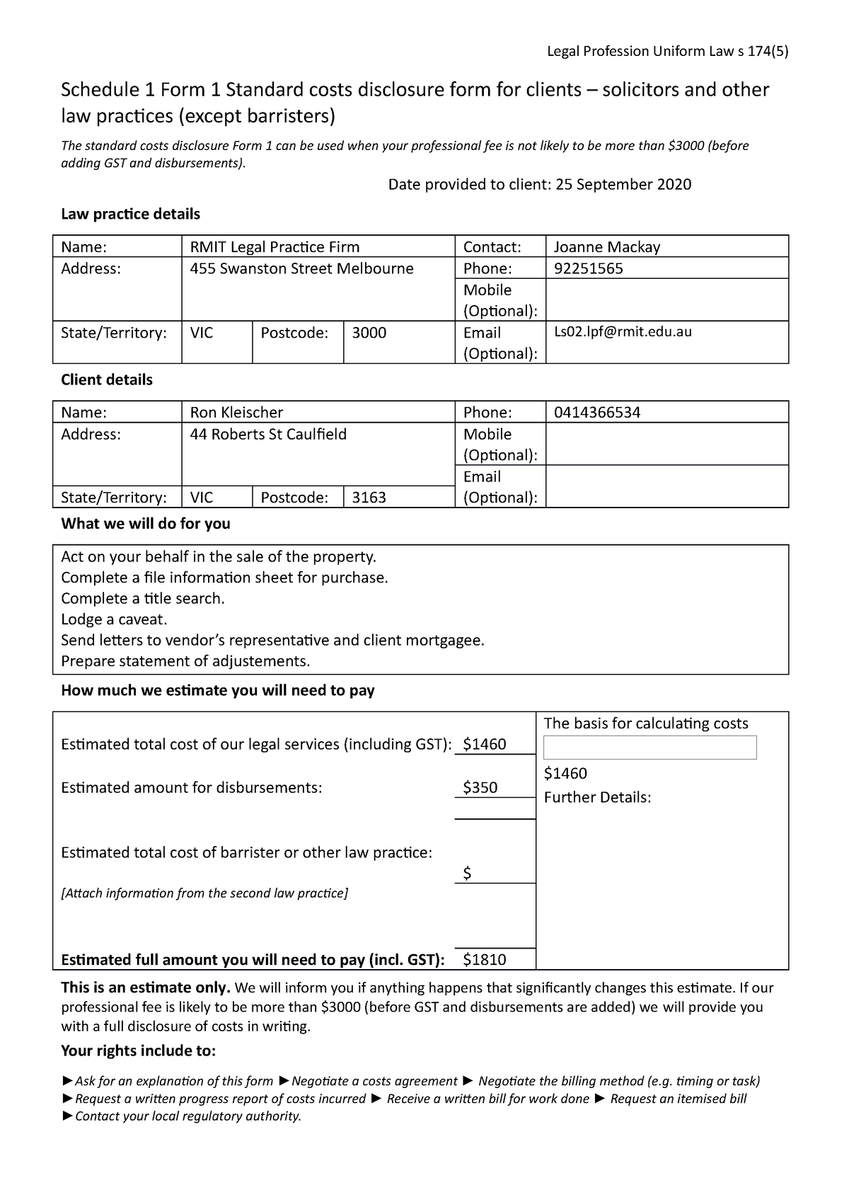 Edited Short Form Cost Disclosure Statement. GST Incl Legal