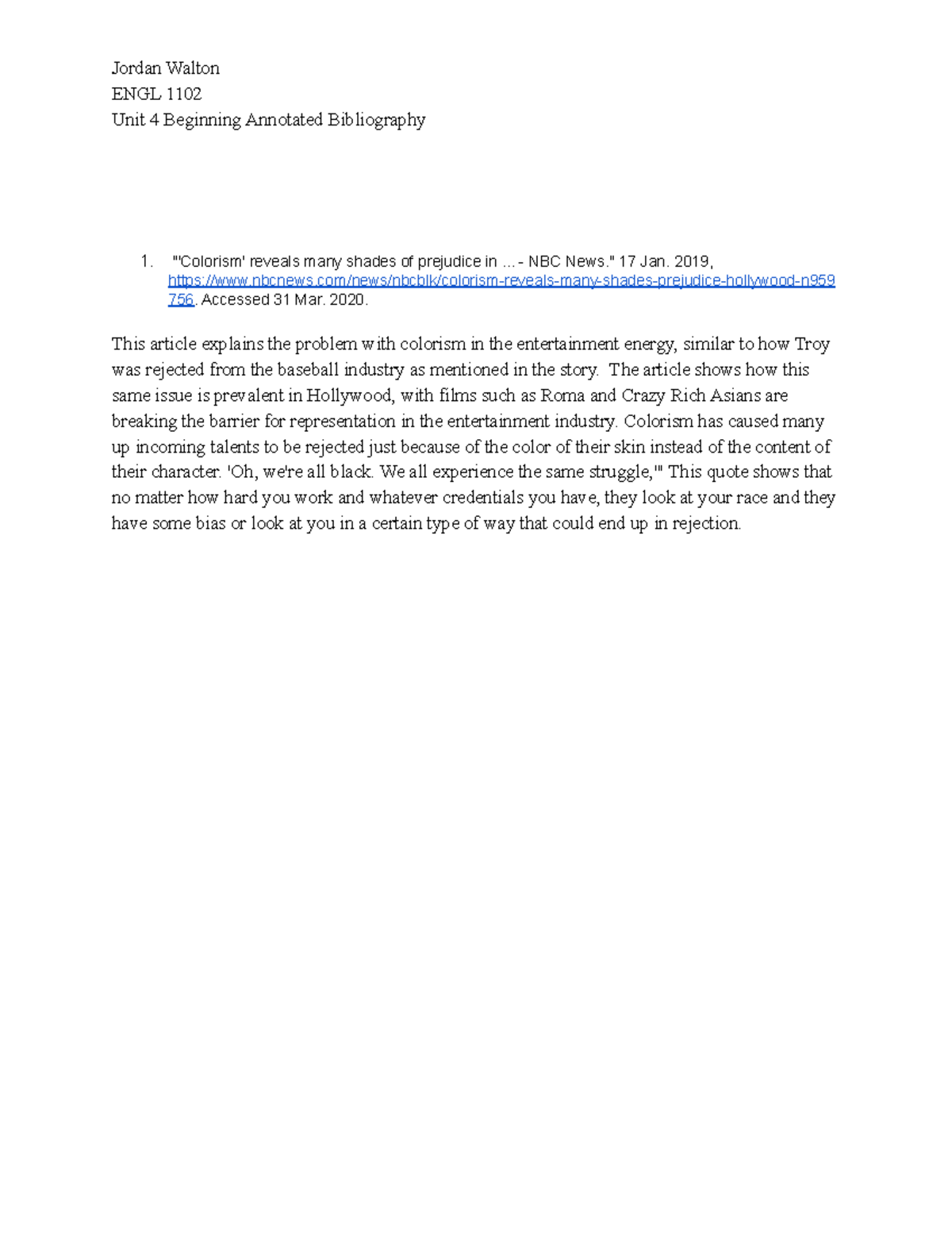 Unit 4 Beginning Annotated Bibliography - Jordan Walton ENGL 1102 Unit ...