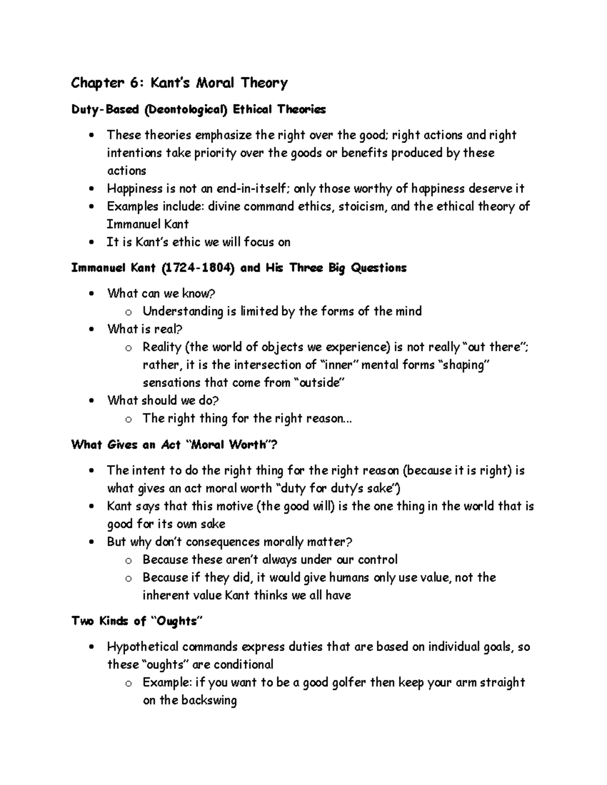 Chapter 6 Lecture Notes - Chapter 6: Kant’s Moral Theory Duty-Based ...