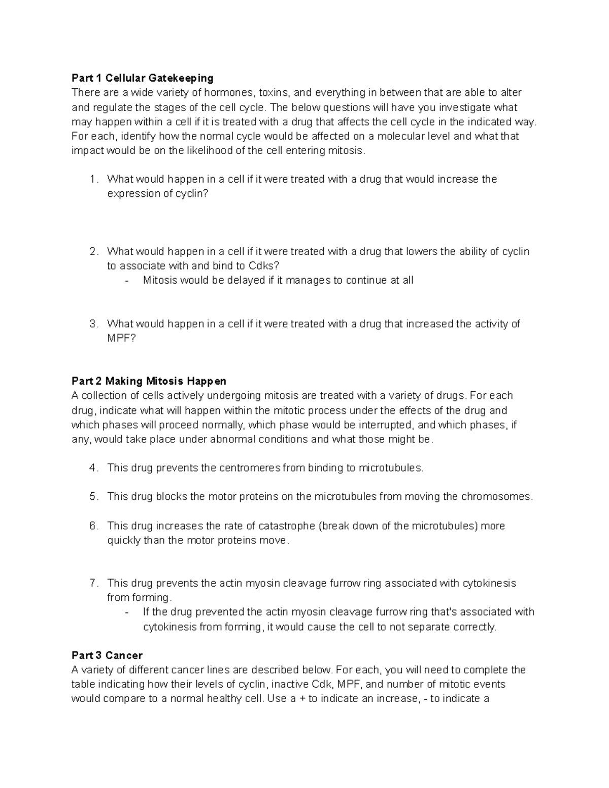 Mitotic Mishaps Lab Worksheet - Part 1 Cellular Gatekeeping There are a ...