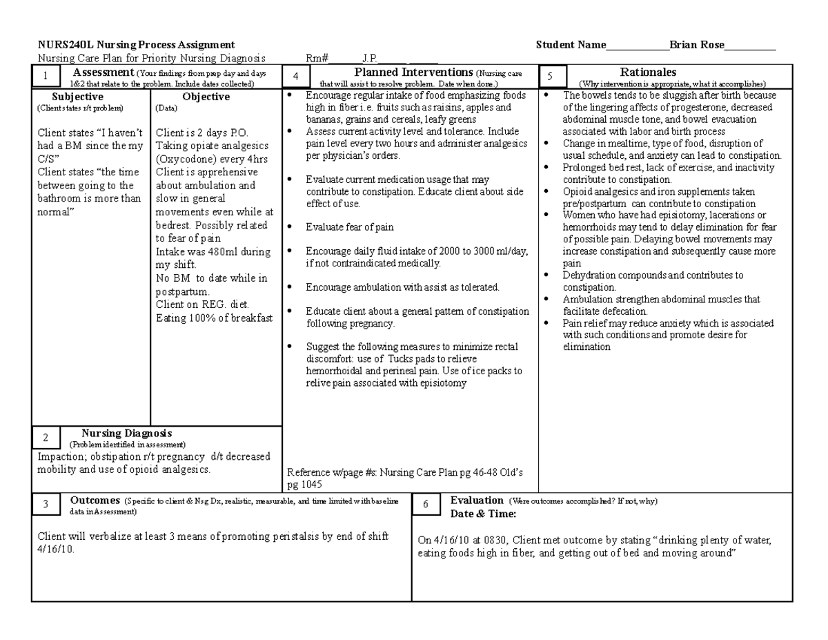 30483968 Nursing Care Plan Constipation - 5 NURS240L Nursing Process ...