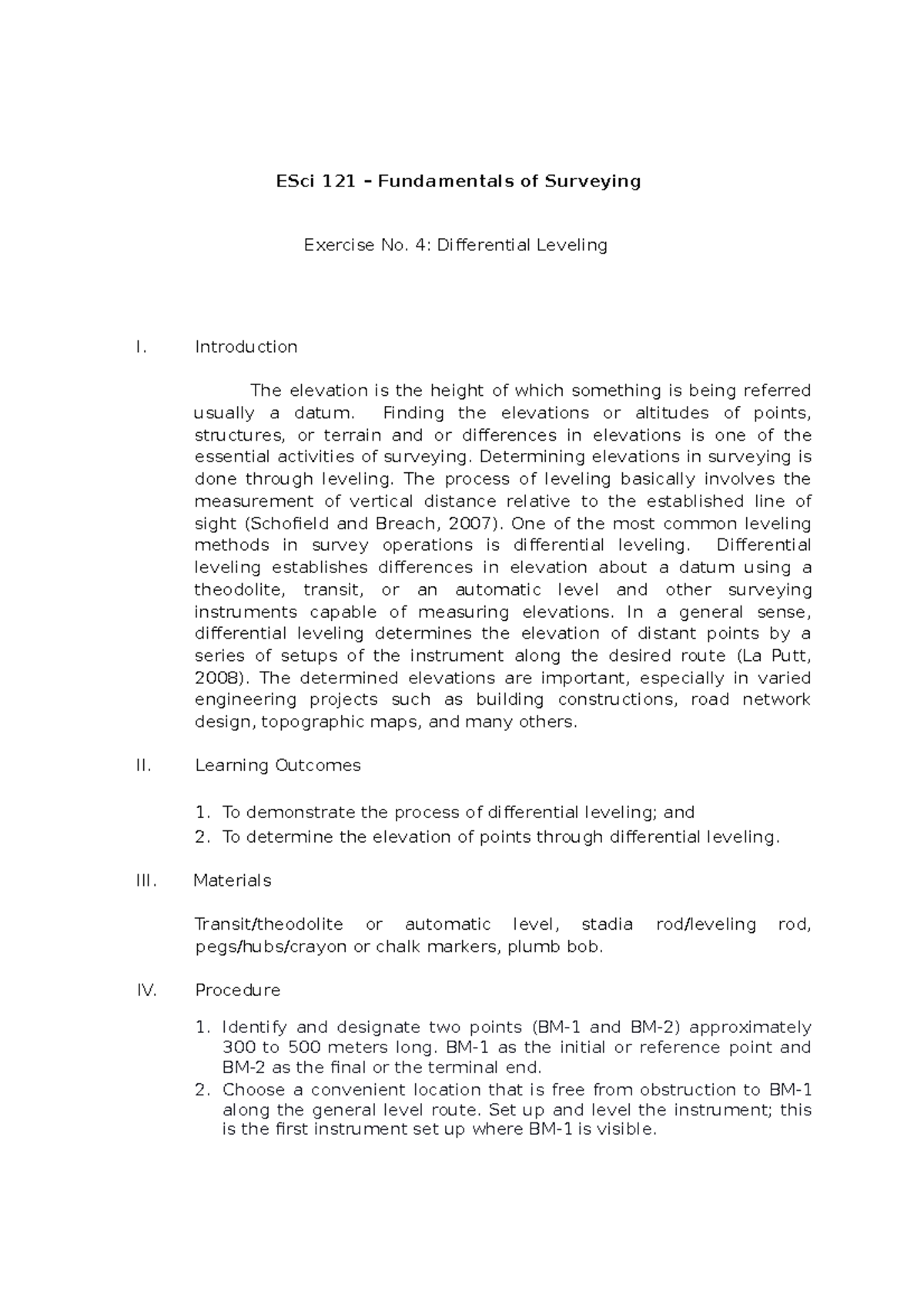 Differential Levelling ESci 121 Fundamentals of Surveying Exercise