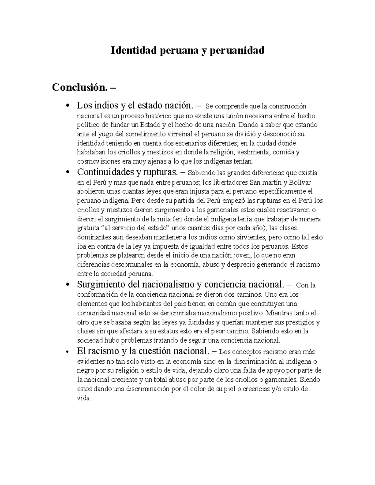 Conclusiones - solo de la clase nada revelante - Identidad peruana y ...