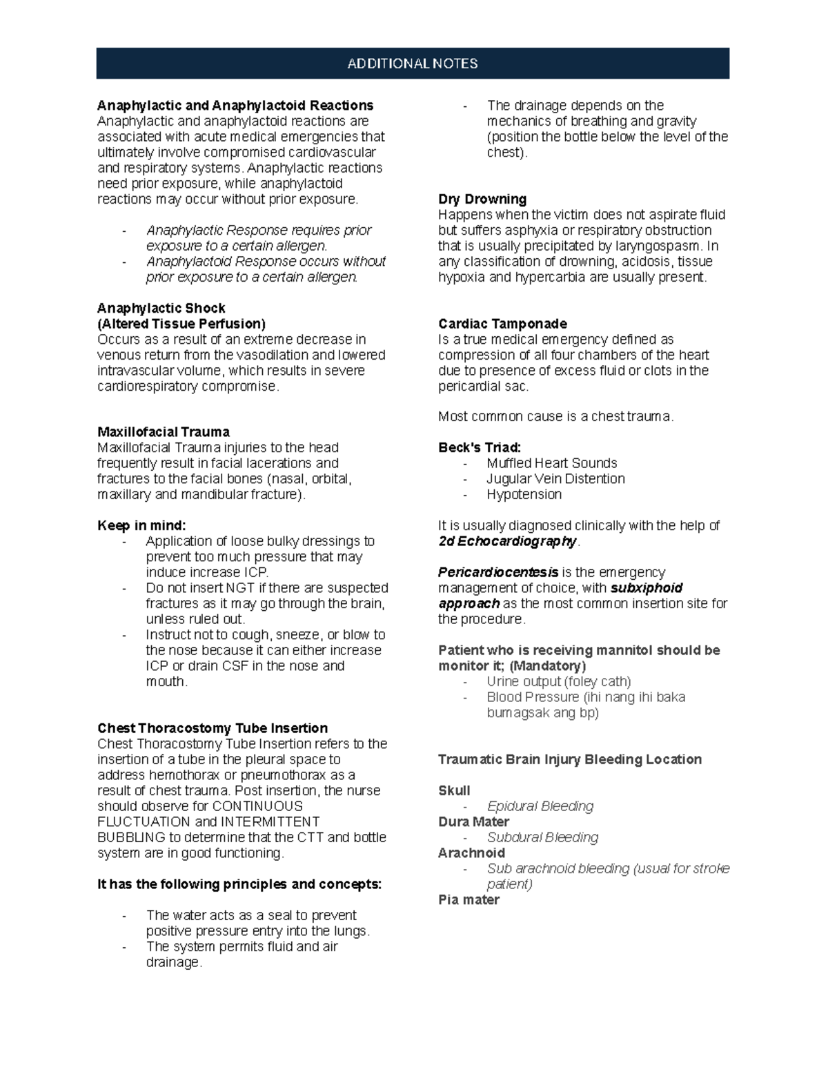 Emergency Disaster Nursing - Important Notes - ADDITIONAL NOTES ...