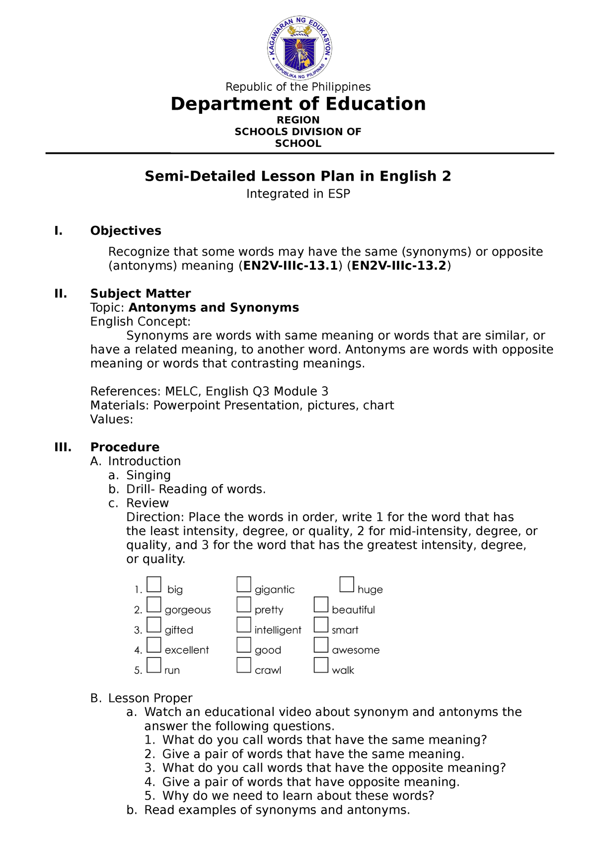lesson plan about Antonyms and synonyms - A Semi Detailed Lesson