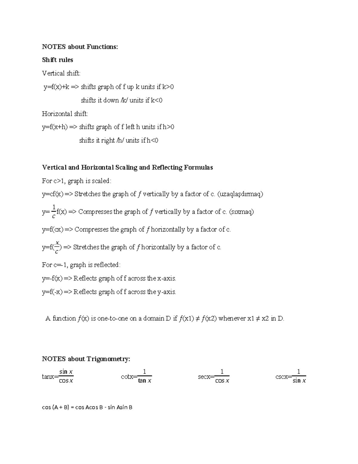 Calculus notes (midterm) - NOTES about Functions: Shift rules Vertical ...