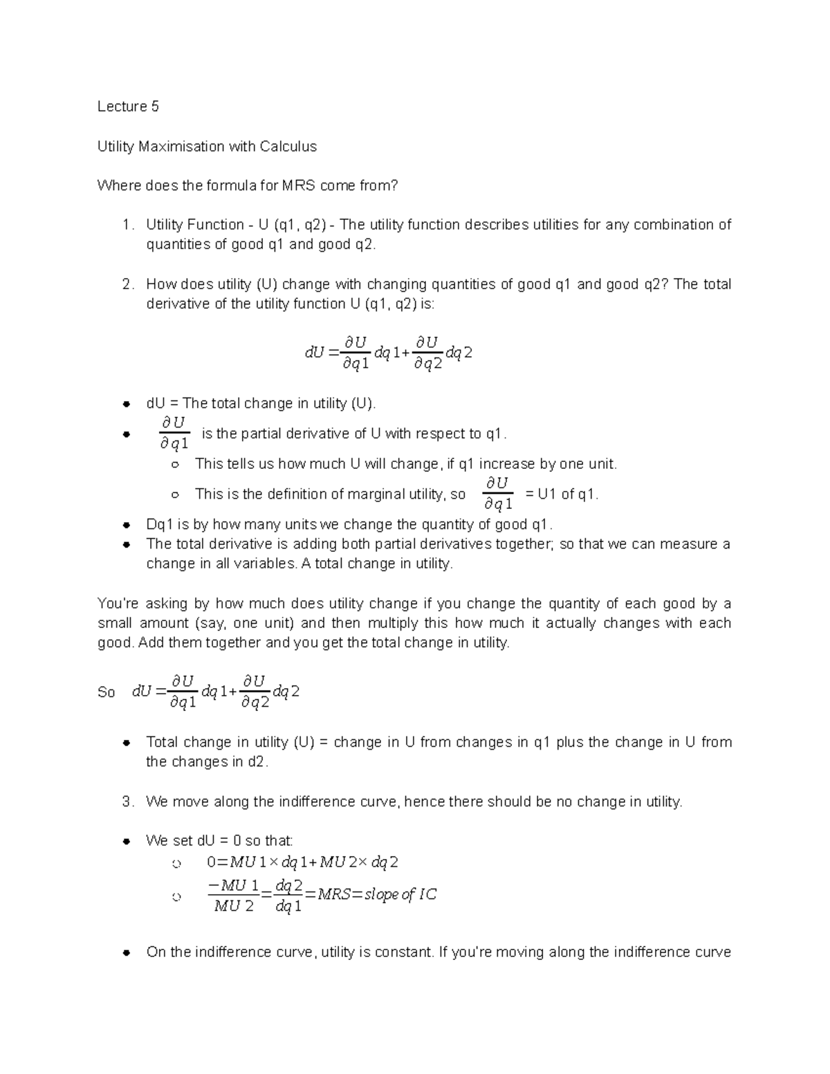 Microeconomics - Utility Maximisation With Calculus - Lecture 5 Utility ...