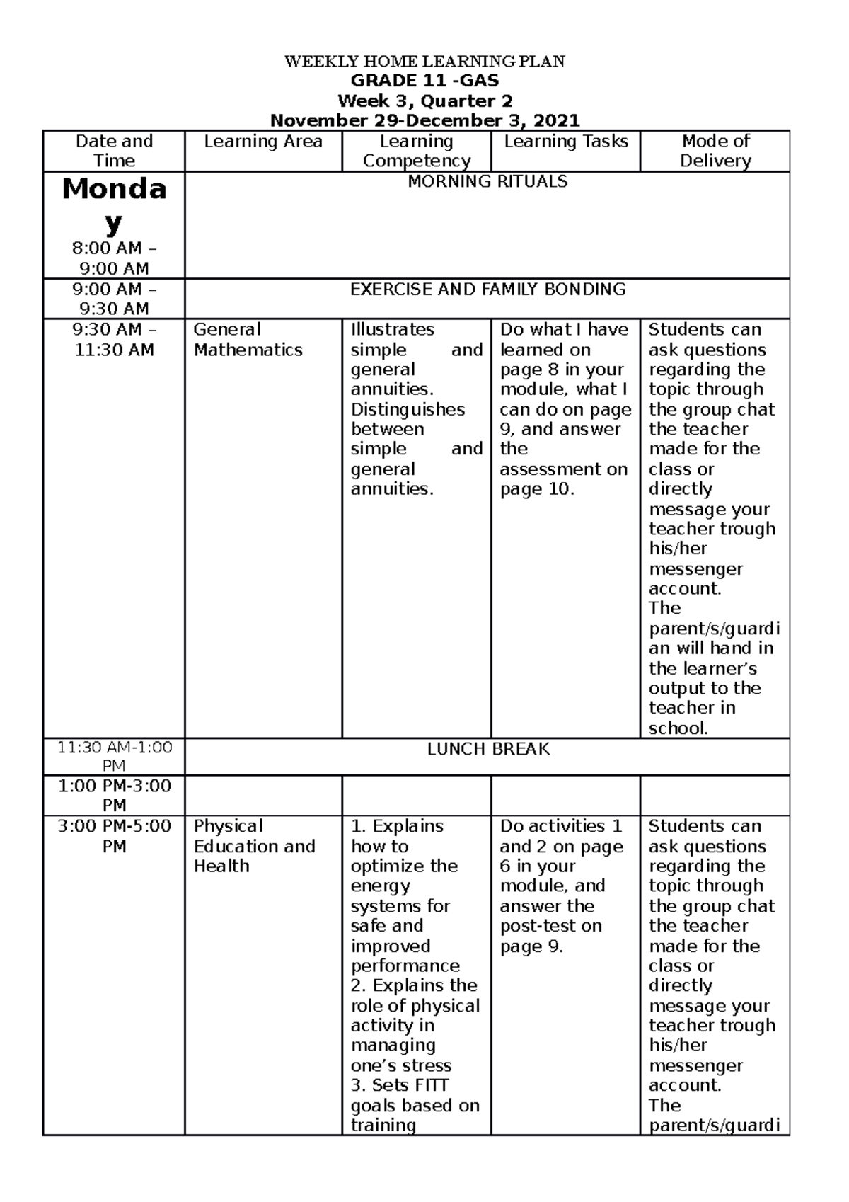 WEEKLY HOME LEAERNING PLAN - WEEKLY HOME LEARNING PLAN GRADE 11 -GAS ...