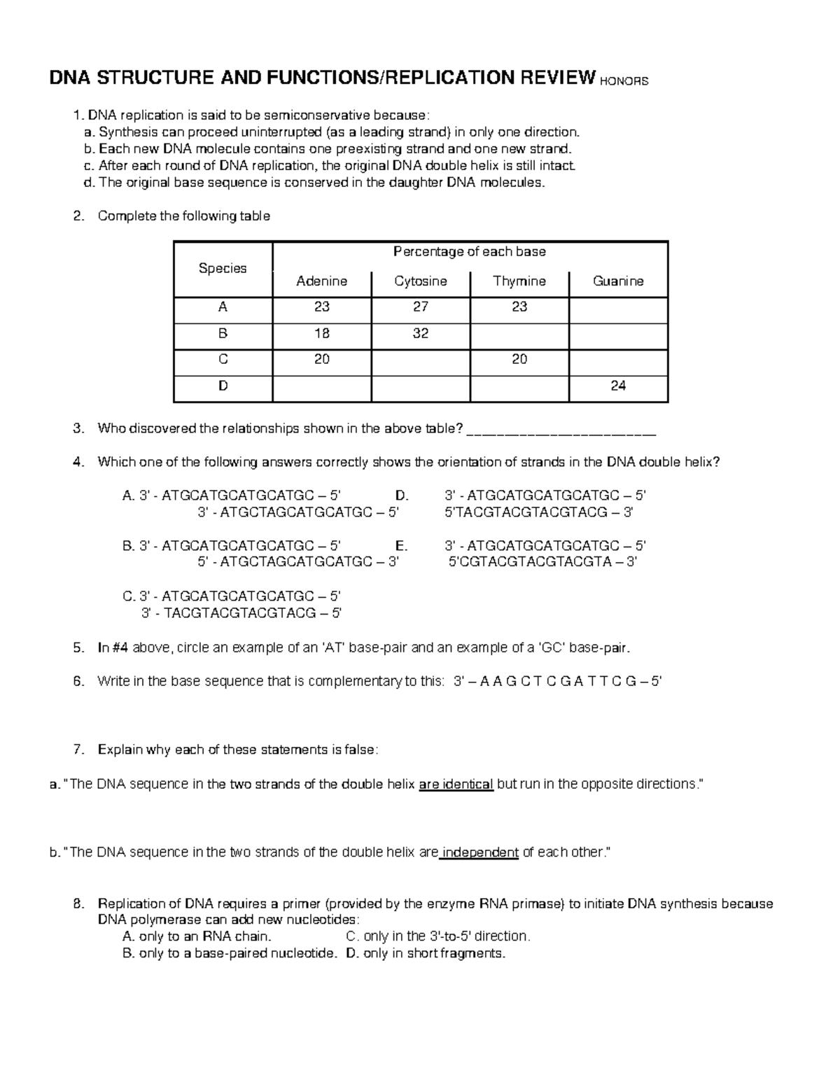 DNA+reviewguide+ Hbiojan 24 - DNA STRUCTURE AND FUNCTIONS/REPLICATION ...
