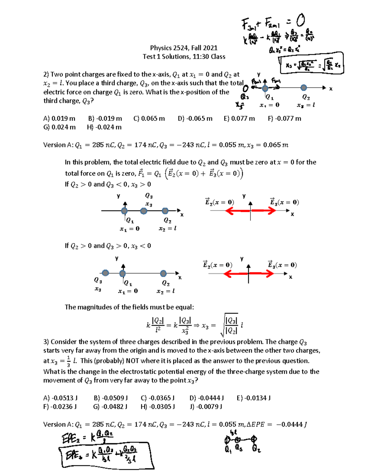 Point Charge Problems - Physics 2524, Fall 2021 Test 1 Solutions, 11:30 ...