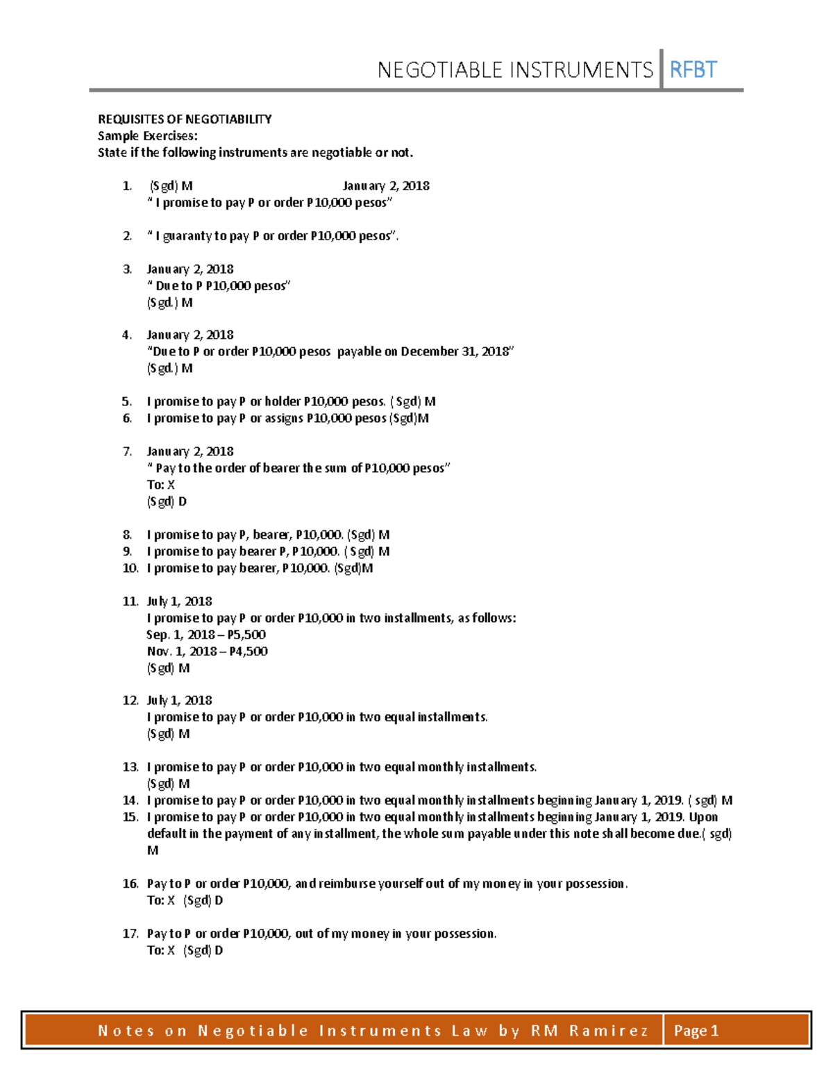 Exercises - Requisites of Negotiability - NEGOTIABLE INSTRUMENTS RFBT N ...