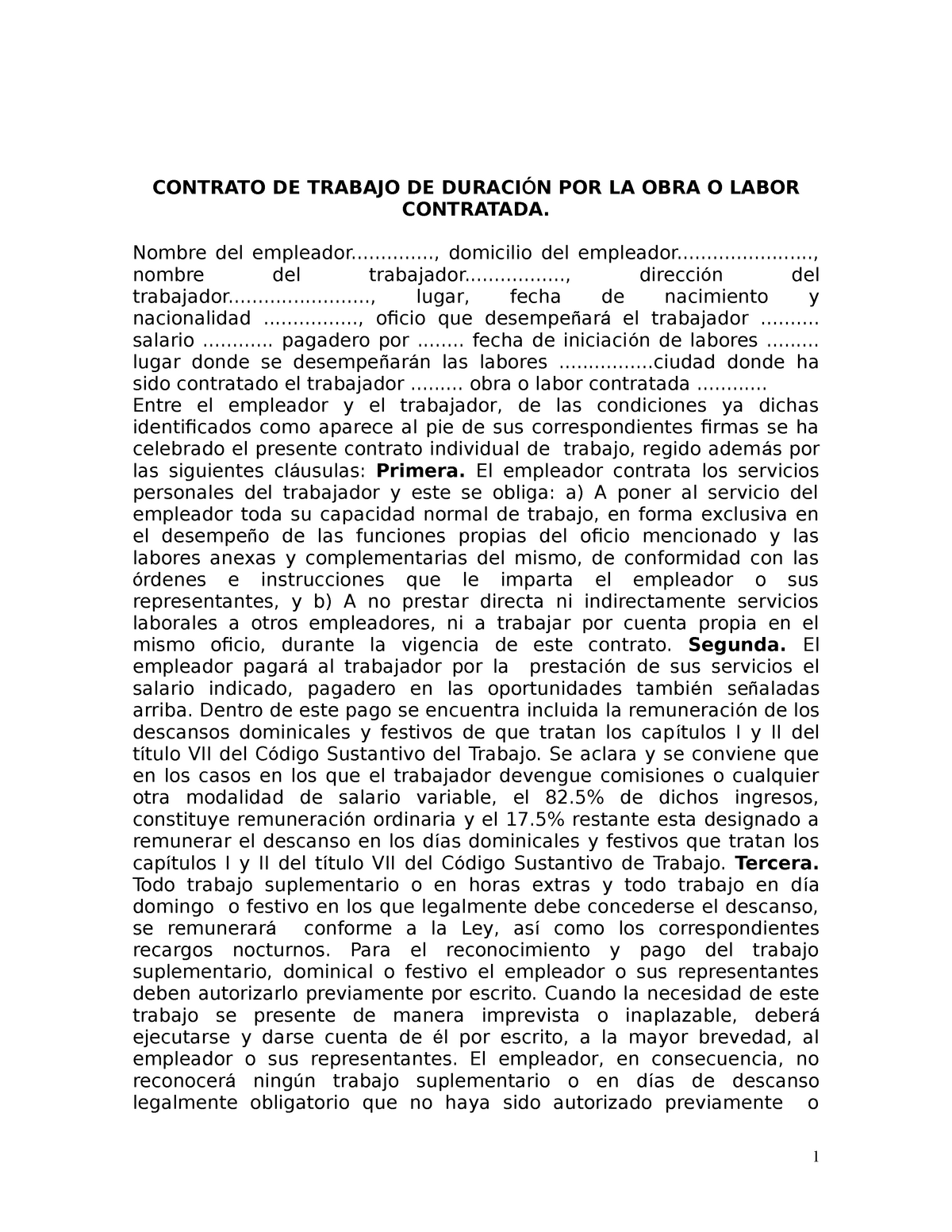 Contrato De Trabajo De Duración Por La Obra O Labor Contrata Contrato