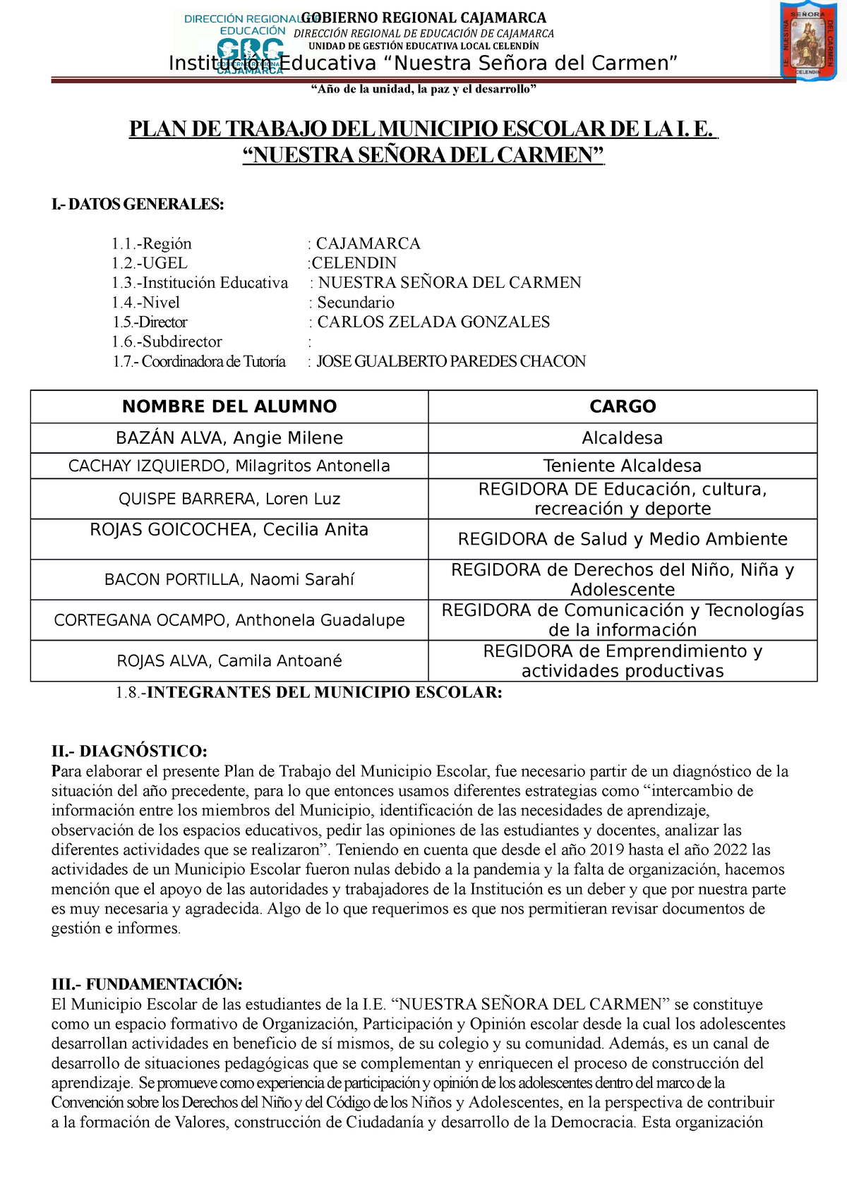 Plan De Trabajo Del Municipio Escolar 2023 DirecciÓn Regional De EducaciÓn De Cajamarca Unidad 2226