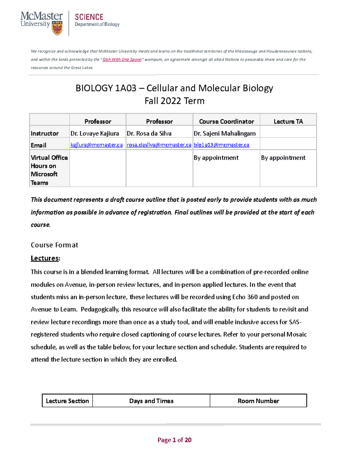 Bio1A03 Fall 2022 - Course Outline - We Recognize And Acknowledge That ...