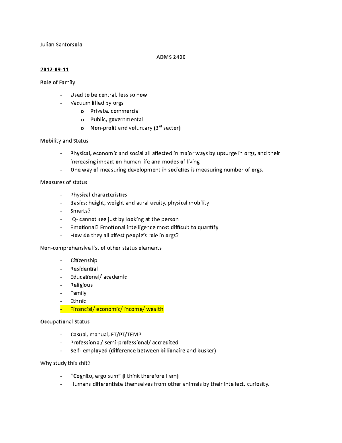 ADMS 2400 - Lecture notes 1-12 - Julian Santorsola ADMS 2400 Role of ...