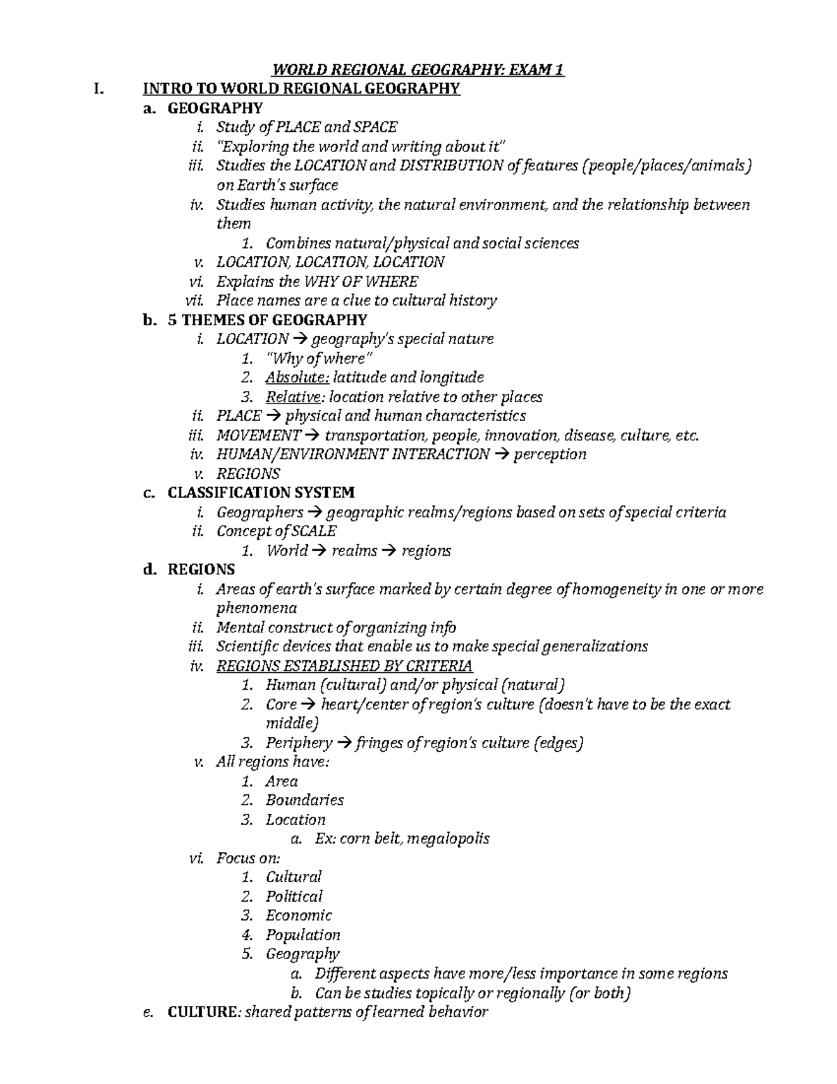 Exam 1 Lecture Notes - WORLD REGIONAL GEOGRAPHY: EXAM 1 I. INTRO TO ...