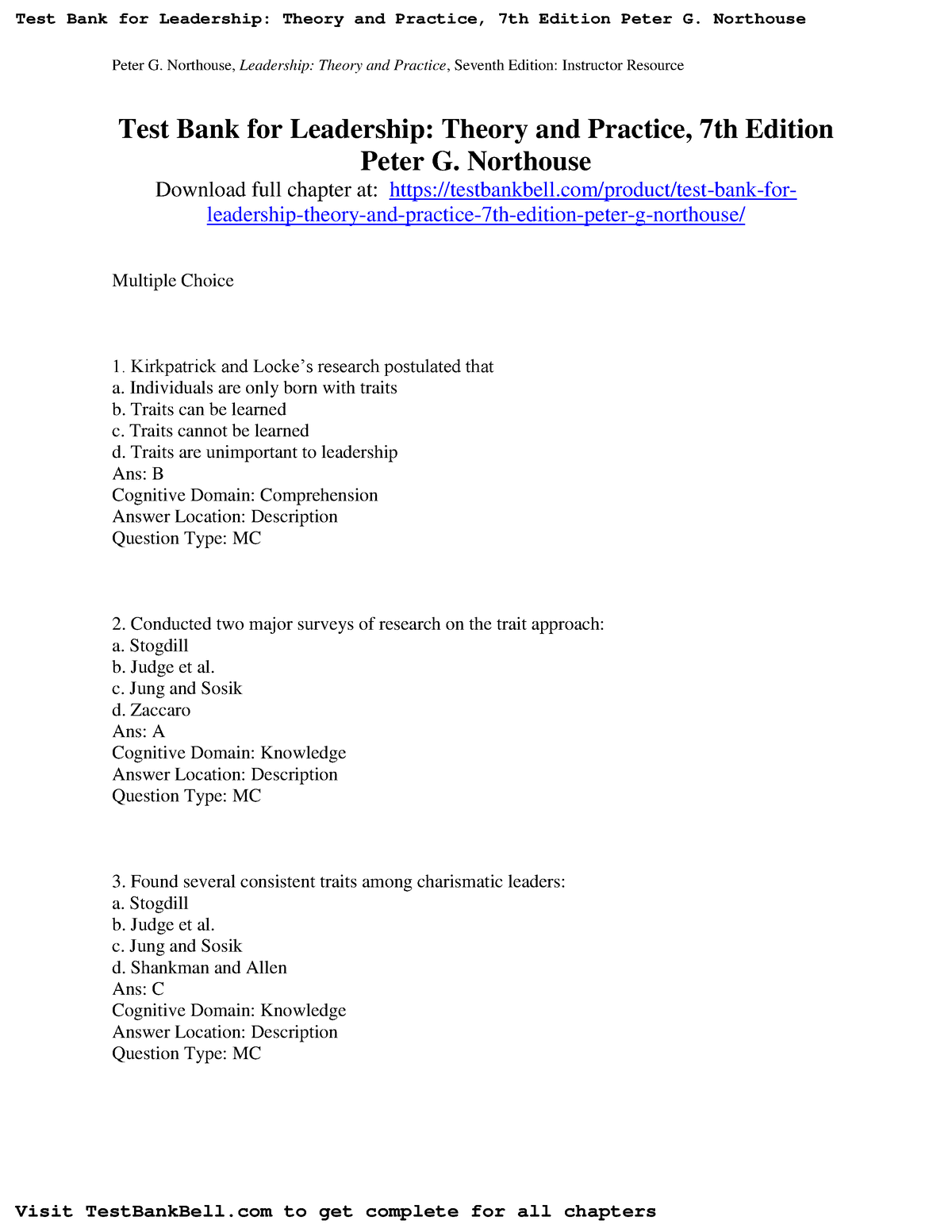 671403214 Test Bank For Leadership Theory And Practice 7th Edition ...