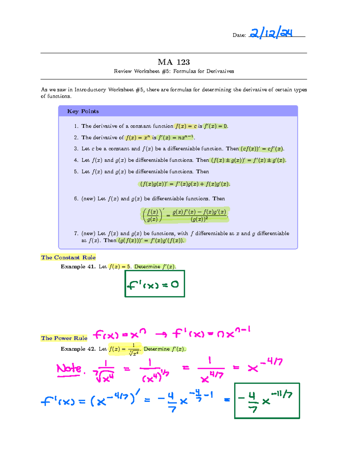 Exam 2 Notes - Date: MA 123 Review Worksheet #5: Formulas for ...