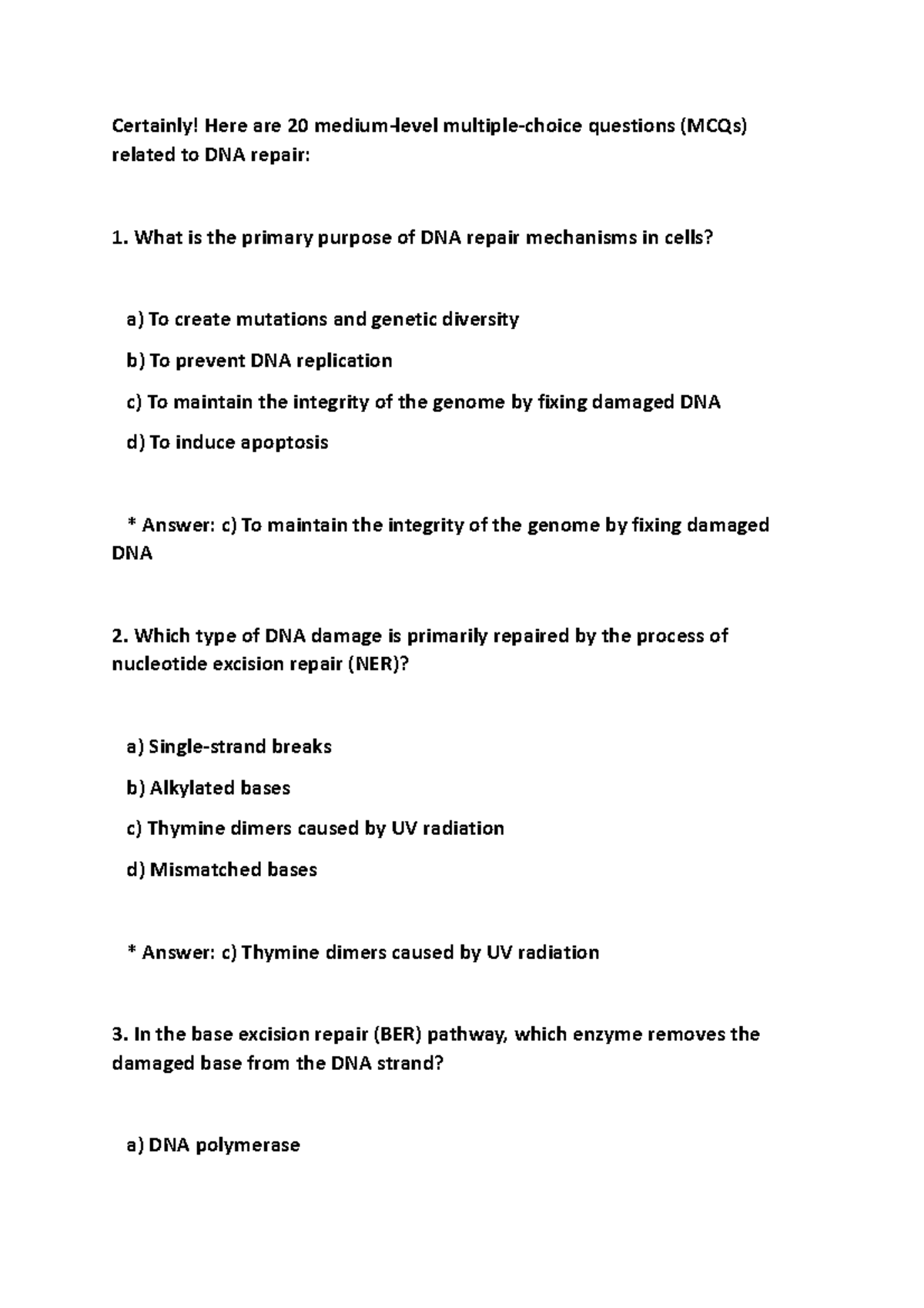 Dna Repair - Xaxa - Certainly! Here Are 20 Medium-level Multiple-choice 