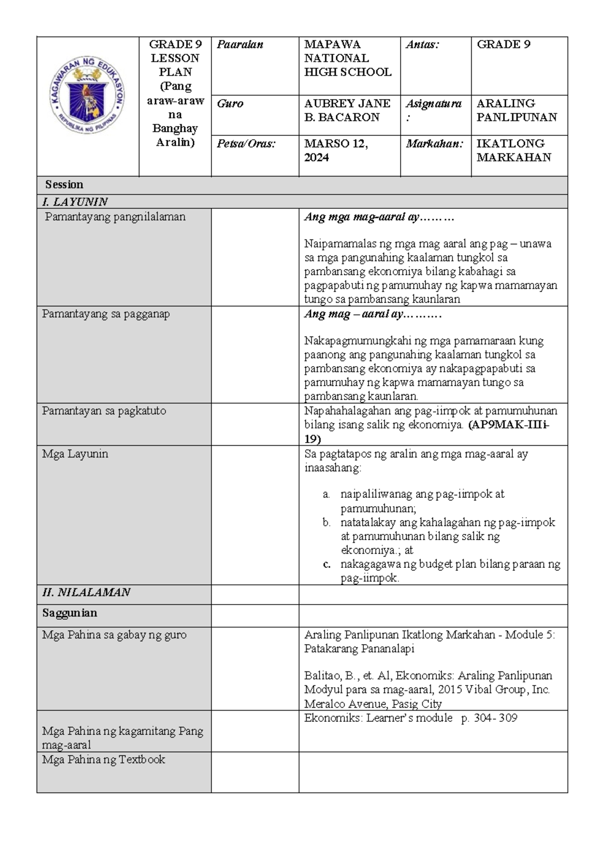 Pamumuhunan AT PAG- Iimpok ( Lesson PLAN) - GRADE 9 LESSON PLAN (Pang ...