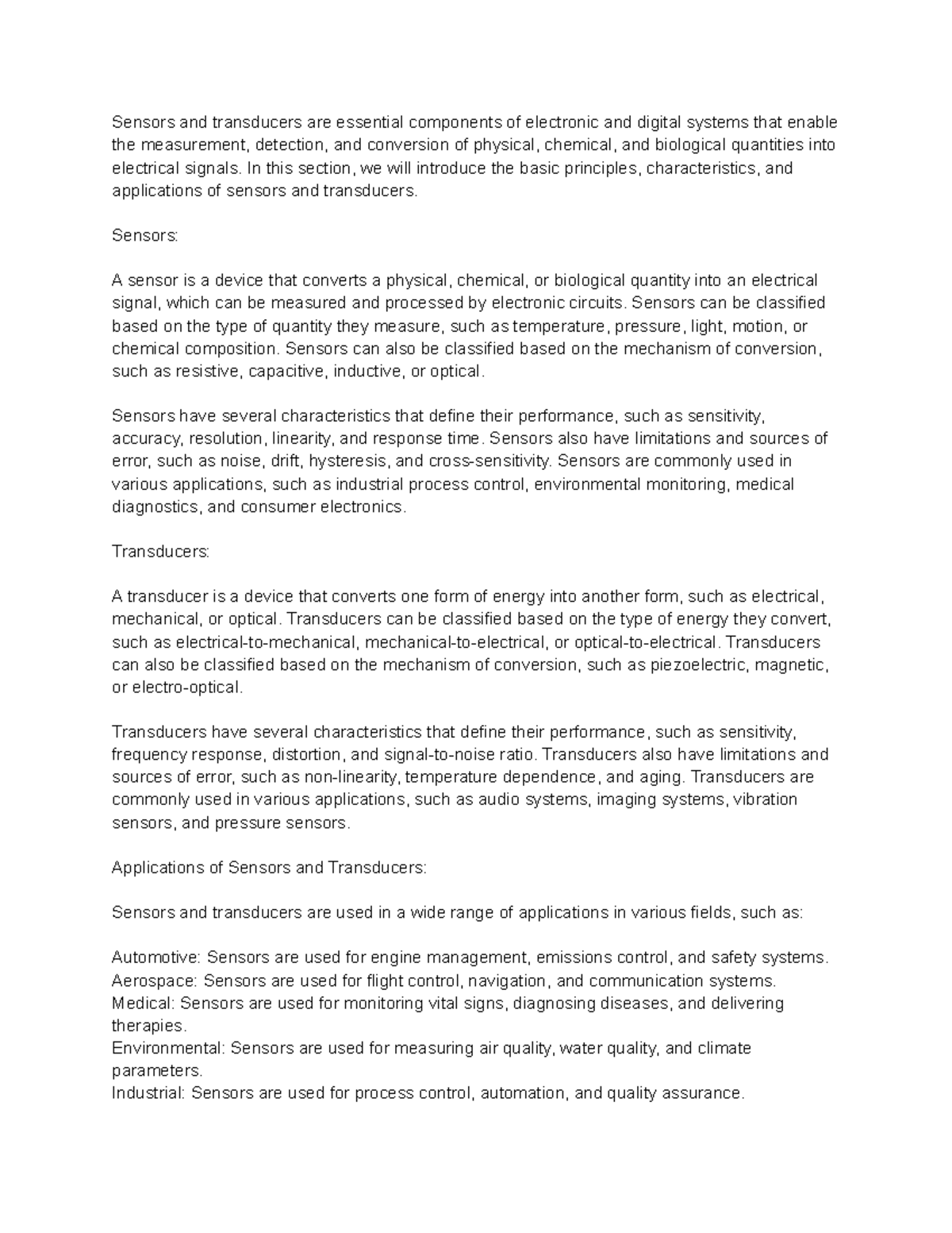 Introduction to Sensors and Transducers Sensors and transducers are