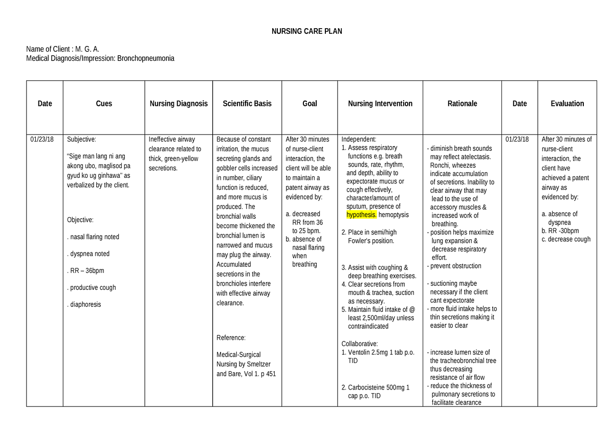 Sample Nursing CARE PLAN - NURSING CARE PLAN Name of Client : M. G. A ...